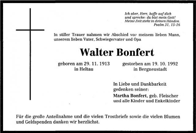 Bonfert Walter 1913-1992 Todesanzeige